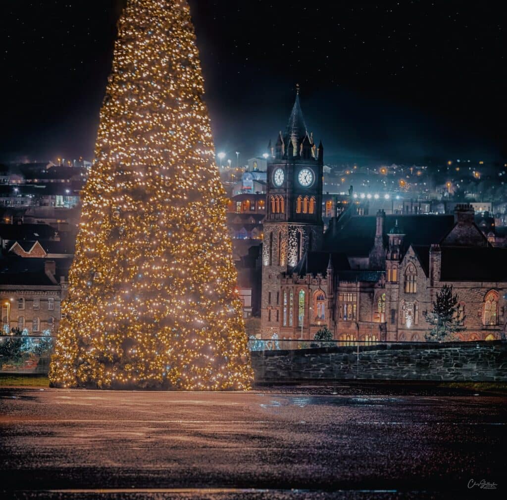 Christmas Tree at Ebrington Square looking at Guildhall